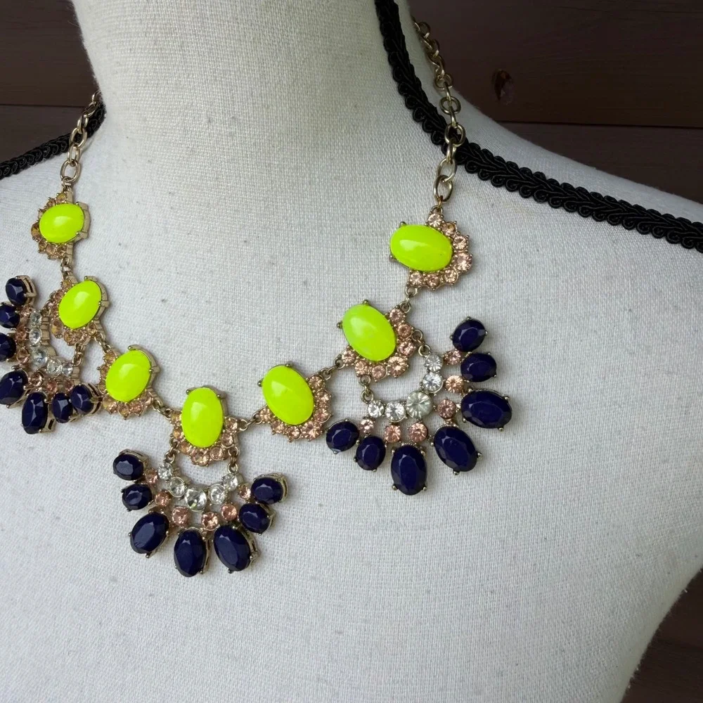 Neon Lime Chartreuse & Navy Blue Rhinestone Statement Bib Necklace